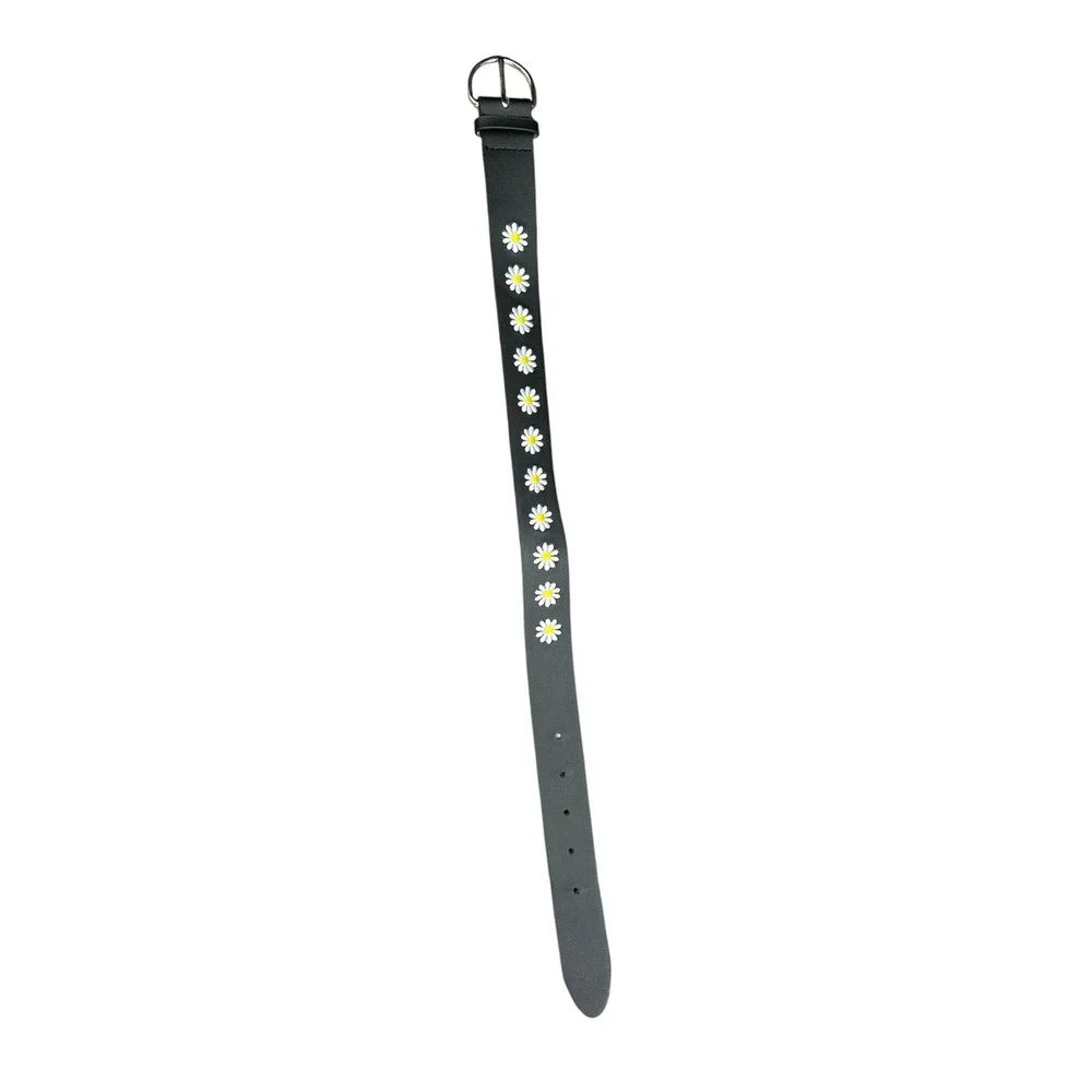 Kids Black‎ Faux Leather Daisy Floral Print Belt Silver Buckle 25 Inch Length